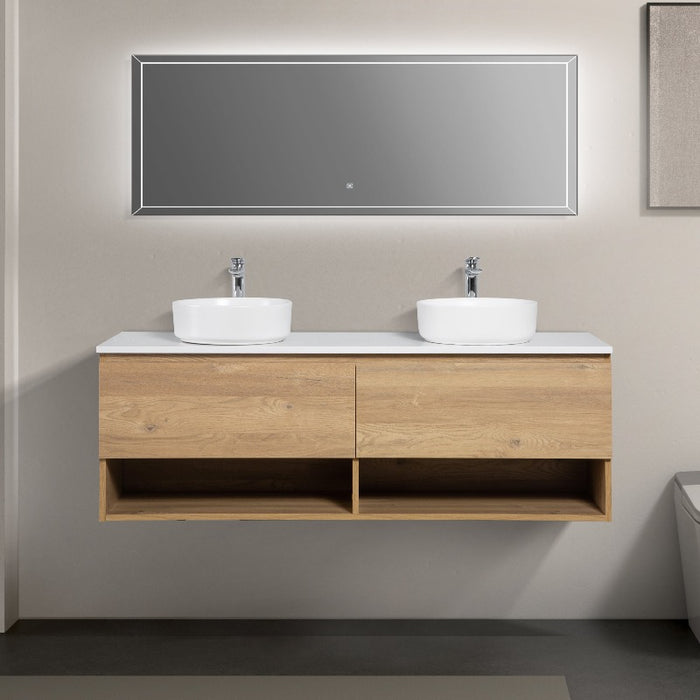 Nesta 1500 Natural Oak Double Wall Hung Vanity With Shelf - Acqua Bathrooms