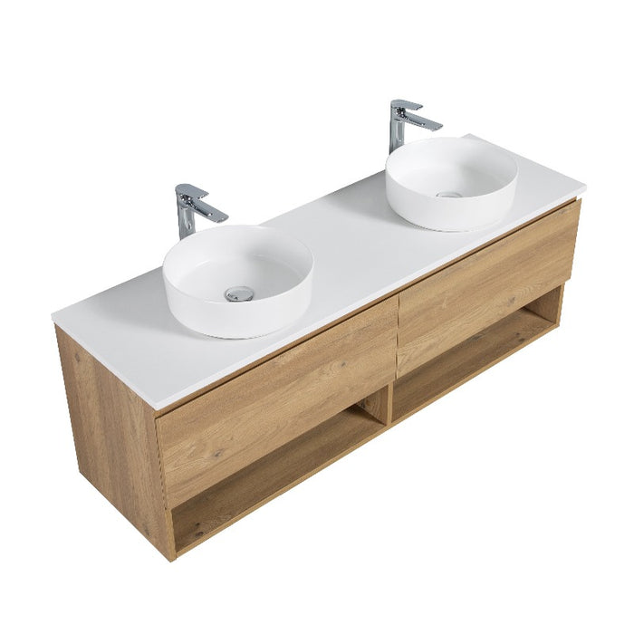 Nesta 1500 Natural Oak Double Wall Hung Vanity With Shelf - Acqua Bathrooms