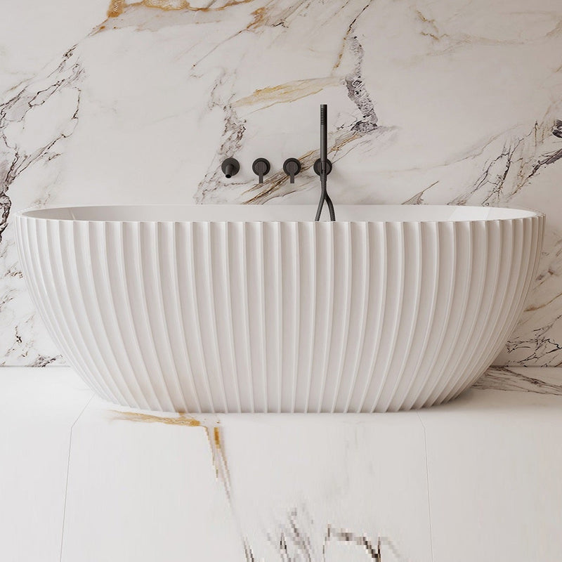 Luna Fluted 1500mm Matte White Back to Wall Designer Oval Freestanding Bath