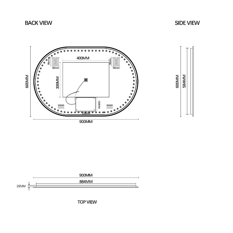 Oval Pill Touchless 900 x 600 Matte Black LED Mirror - Three Light Temperatures - Acqua Bathrooms