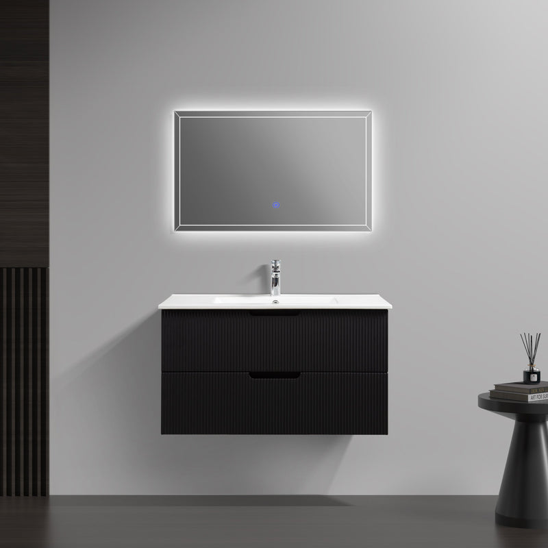 Kelsa 900 Fluted Matte Black Wall Hung Vanity - Acqua Bathrooms