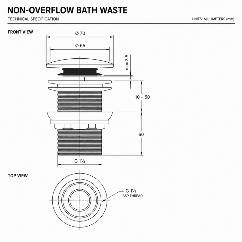 Gloss White Non Overflow 40mm Bath Pop Up Waste