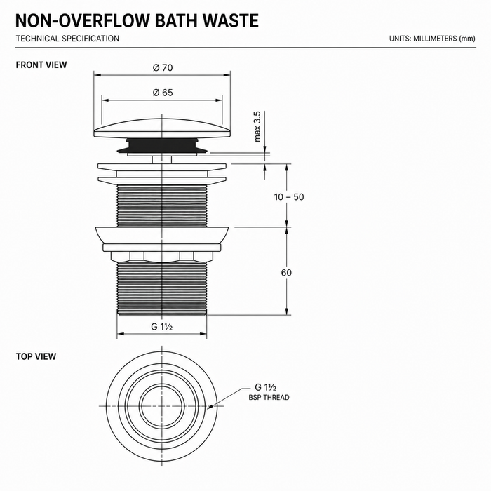 Brushed Gold Non Overflow 40mm Bath Pop Up Waste