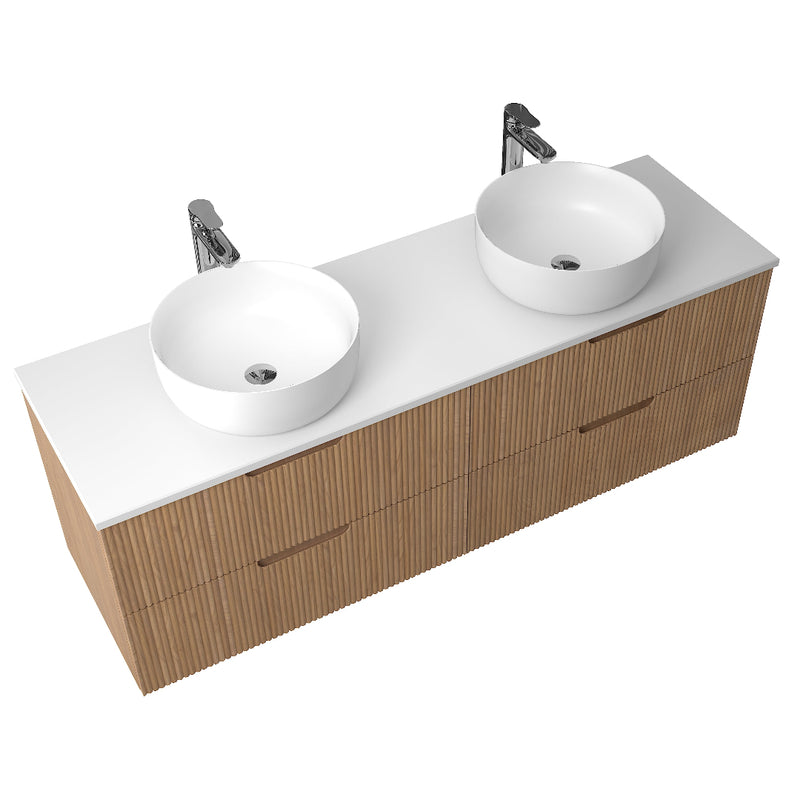 Kelsa 1500 Fluted Desert Oak Double Bowl Wall Hung Vanity - Acqua Bathrooms