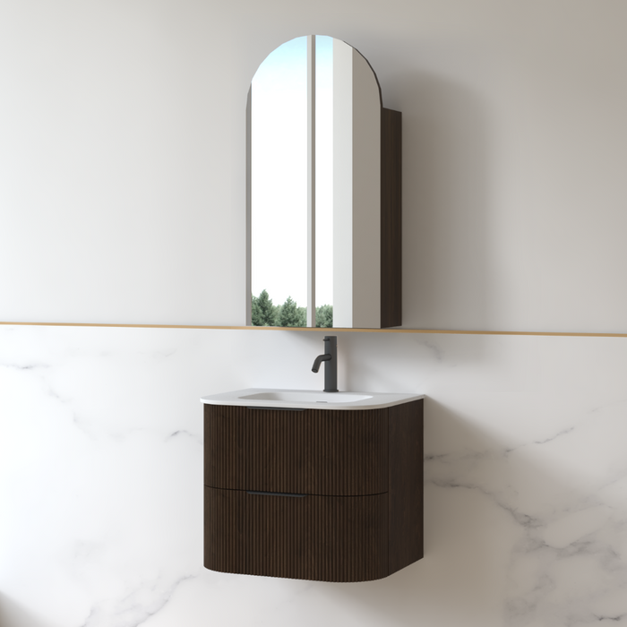 Lunara 600 Curved Alder Walnut Fluted Wall Hung Vanity