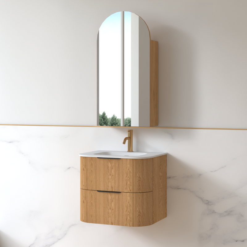 Lunara 600 Curved Light Walnut Fluted Wall Hung Vanity