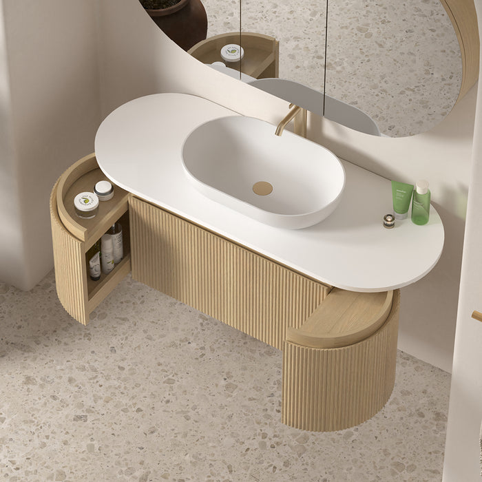 Allura 1200 Curved Oval Blonde Oak Fluted Wall Hung Vanity With Stone Top