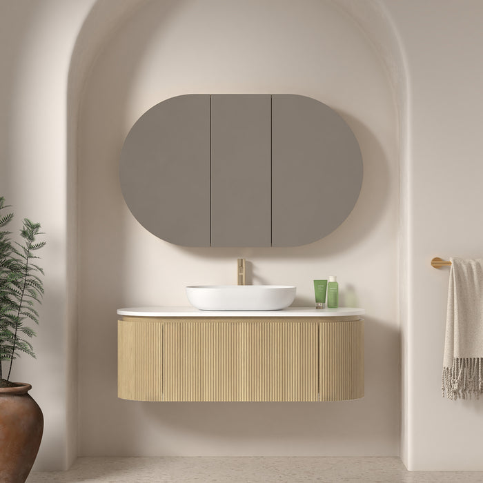Allura 1200 Curved Oval Blonde Oak Fluted Wall Hung Vanity With Stone Top