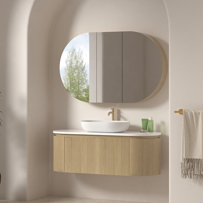 Allura 1200 Curved Oval Blonde Oak Fluted Wall Hung Vanity With Stone Top