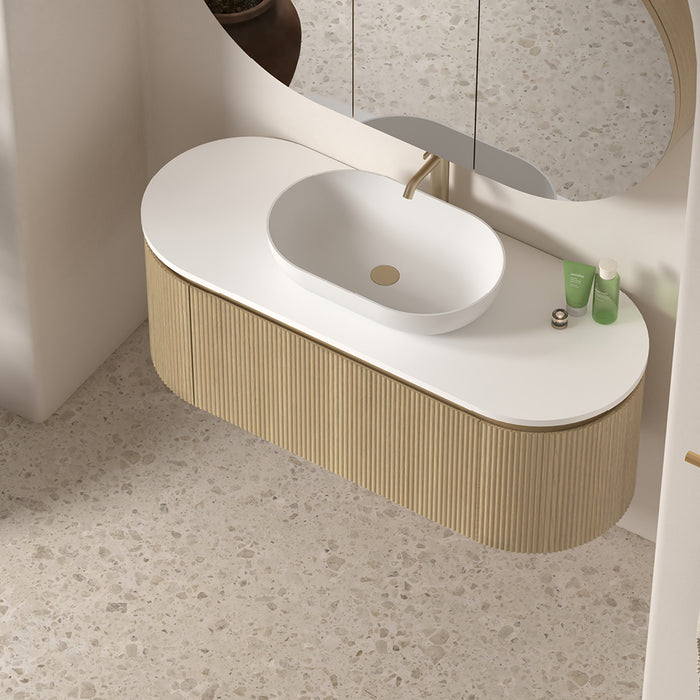 Allura 1200 Curved Oval Blonde Oak Fluted Wall Hung Vanity With Stone Top