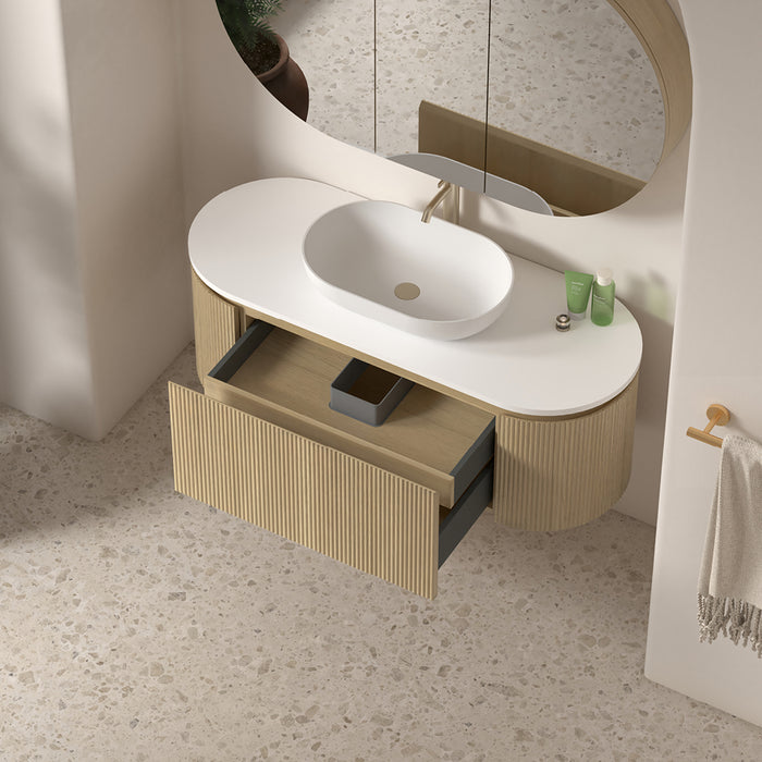 Allura 1200 Curved Oval Blonde Oak Fluted Wall Hung Vanity With Stone Top