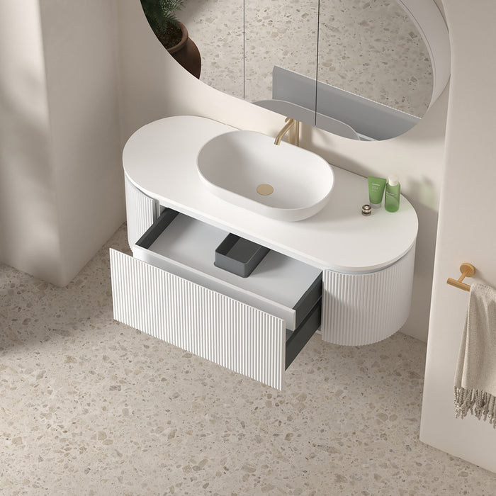 Allura 1200 Curved Oval Matte White Fluted Wall Hung Vanity With Stone Top