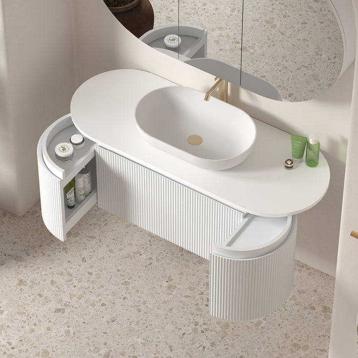 Allura 1200 Curved Oval Matte White Fluted Wall Hung Vanity With Stone Top