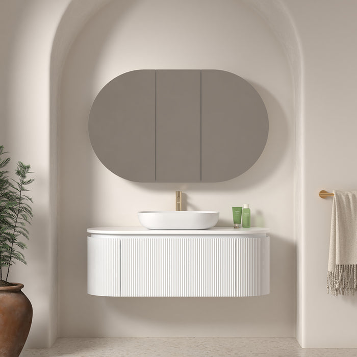 Allura 1200 Curved Oval Matte White Fluted Wall Hung Vanity With Stone Top