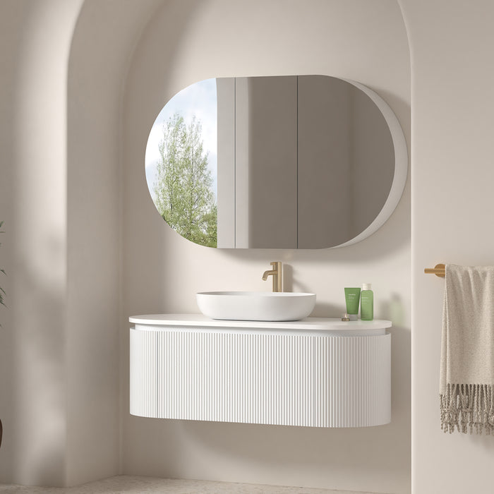 Allura 1200 Curved Oval Matte White Fluted Wall Hung Vanity With Stone Top