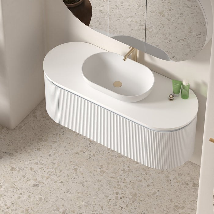 Allura 1200 Curved Oval Matte White Fluted Wall Hung Vanity With Stone Top