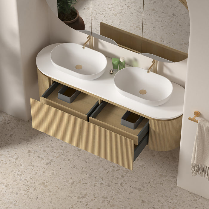 Allura 1500 Curved Oval Blonde Oak Fluted Double Wall Hung Vanity With Stone Top