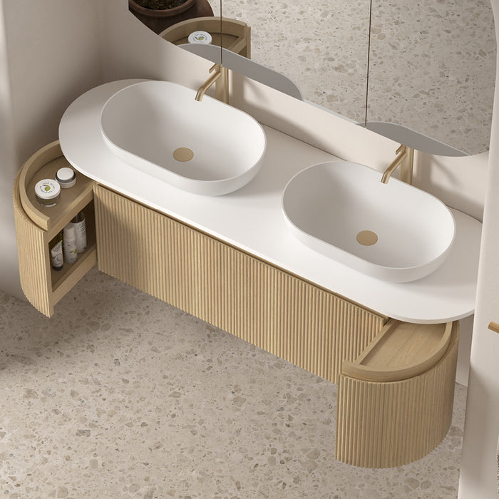 Allura 1500 Curved Oval Blonde Oak Fluted Double Wall Hung Vanity With Stone Top