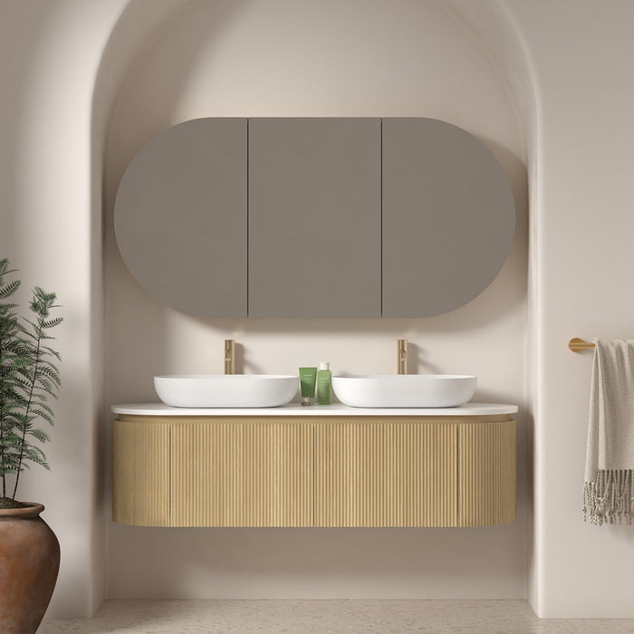 Allura 1500 Curved Oval Blonde Oak Fluted Double Wall Hung Vanity With Stone Top