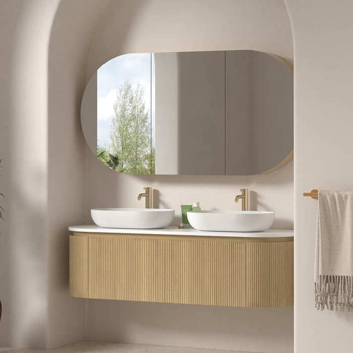 Allura 1500 Curved Oval Blonde Oak Fluted Double Wall Hung Vanity With Stone Top