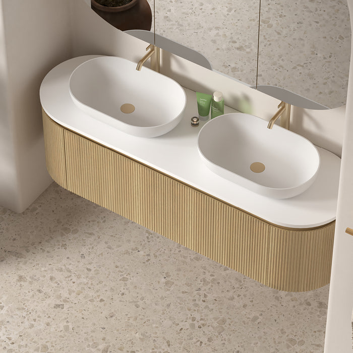Allura 1500 Curved Oval Blonde Oak Fluted Double Wall Hung Vanity With Stone Top