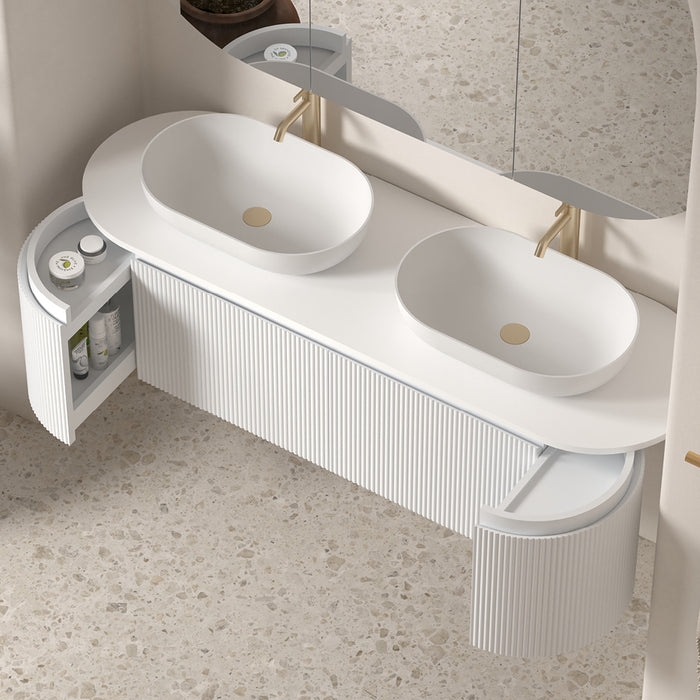 Allura 1500 Curved Oval Matte White Fluted Double Wall Hung Vanity With Stone Top