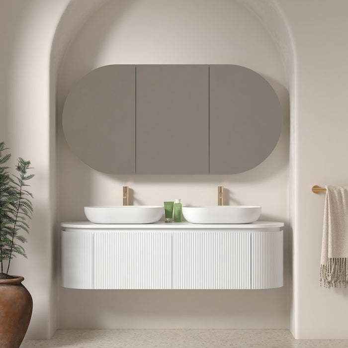 Allura 1500 Curved Oval Matte White Fluted Double Wall Hung Vanity With Stone Top