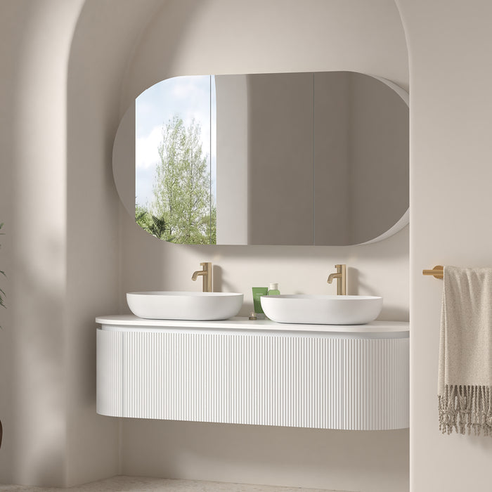 Allura 1500 Curved Oval Matte White Fluted Double Wall Hung Vanity With Stone Top