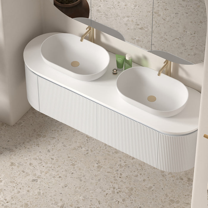 Allura 1500 Curved Oval Matte White Fluted Double Wall Hung Vanity With Stone Top
