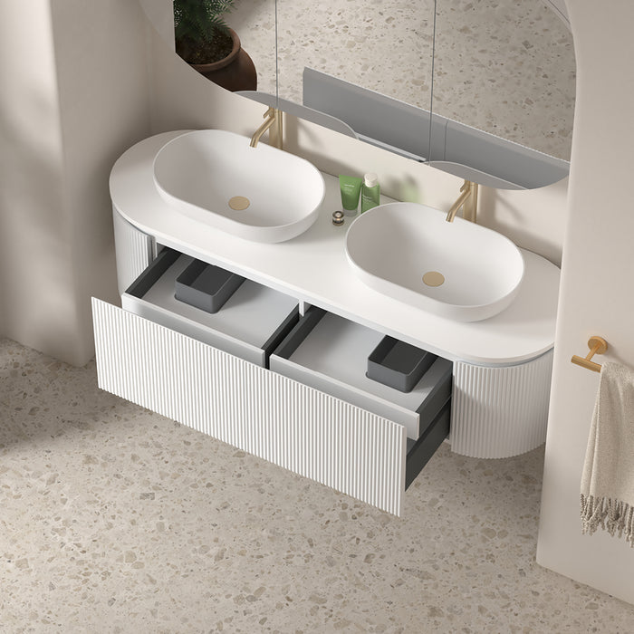 Allura 1500 Curved Oval Matte White Fluted Double Wall Hung Vanity With Stone Top