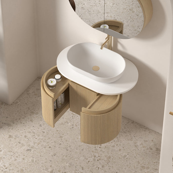 Allura 750 Curved Oval Blonde Oak Fluted Wall Hung Vanity With Stone Top
