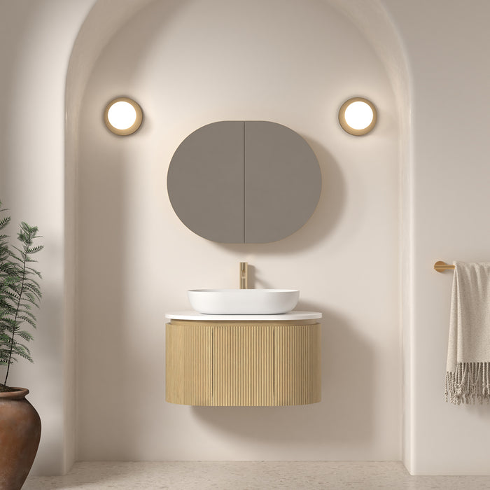 Allura 750 Curved Oval Blonde Oak Fluted Wall Hung Vanity With Stone Top