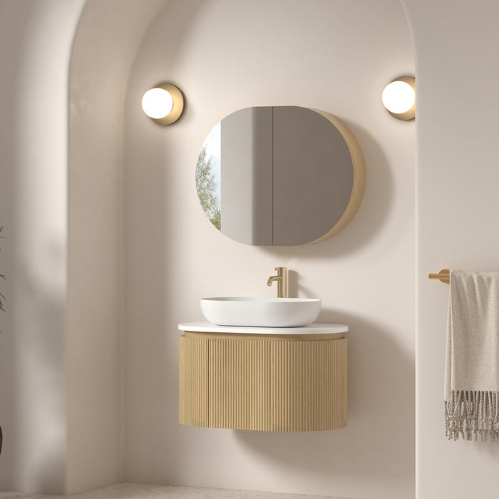 Allura 750 Curved Oval Blonde Oak Fluted Wall Hung Vanity With Stone Top