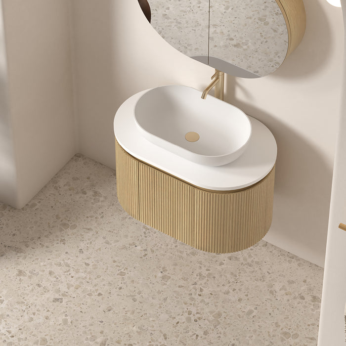 Allura 750 Curved Oval Blonde Oak Fluted Wall Hung Vanity With Stone Top