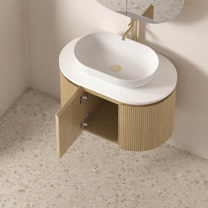 Allura 750 Curved Oval Blonde Oak Fluted Wall Hung Vanity With Stone Top