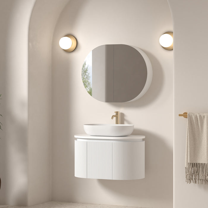 Allura 750 Curved Oval Matte White Fluted Wall Hung Vanity With Stone Top