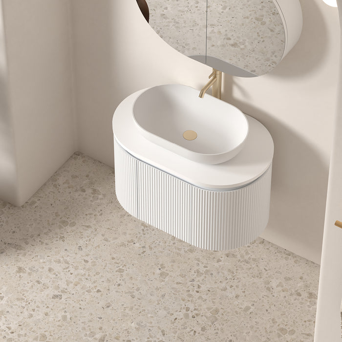 Allura 750 Curved Oval Matte White Fluted Wall Hung Vanity With Stone Top