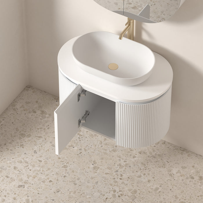 Allura 750 Curved Oval Matte White Fluted Wall Hung Vanity With Stone Top
