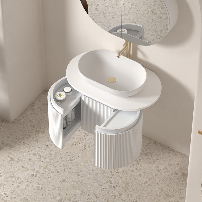 Allura 750 Curved Oval Matte White Fluted Wall Hung Vanity With Stone Top