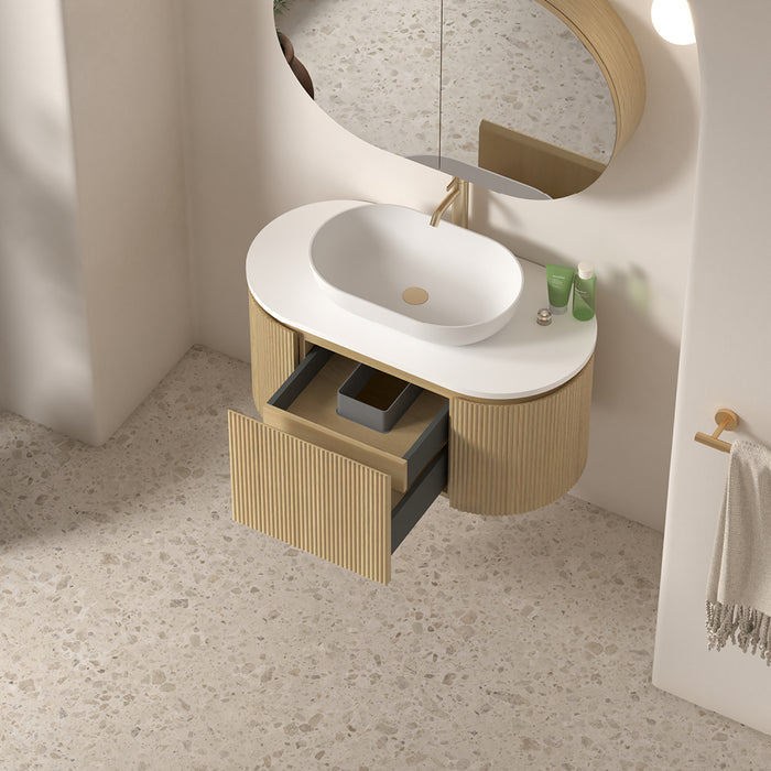 Allura 900 Curved Oval Blonde Oak Fluted Wall Hung Vanity With Stone Top