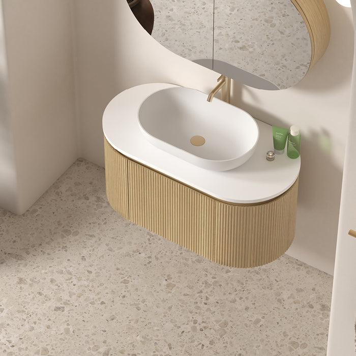 Allura 900 Curved Oval Blonde Oak Fluted Wall Hung Vanity With Stone Top