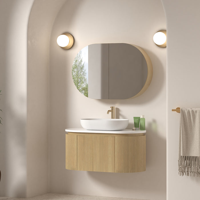 Allura 900 Curved Oval Blonde Oak Fluted Wall Hung Vanity With Stone Top