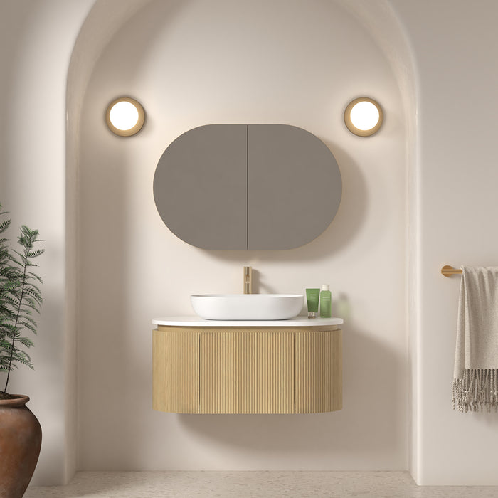 Allura 900 Curved Oval Blonde Oak Fluted Wall Hung Vanity With Stone Top