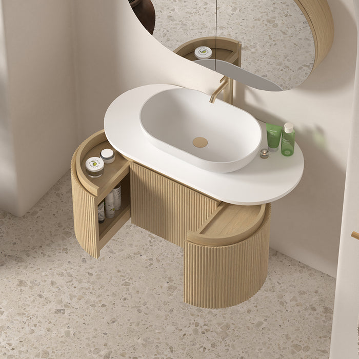 Allura 900 Curved Oval Blonde Oak Fluted Wall Hung Vanity With Stone Top