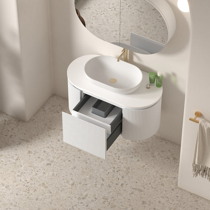 Allura 900 Curved Oval Matte White Fluted Wall Hung Vanity With Stone Top