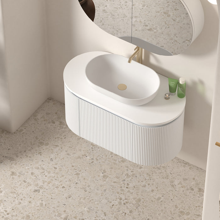 Allura 900 Curved Oval Matte White Fluted Wall Hung Vanity With Stone Top