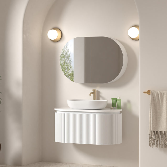 Allura 900 Curved Oval Matte White Fluted Wall Hung Vanity With Stone Top
