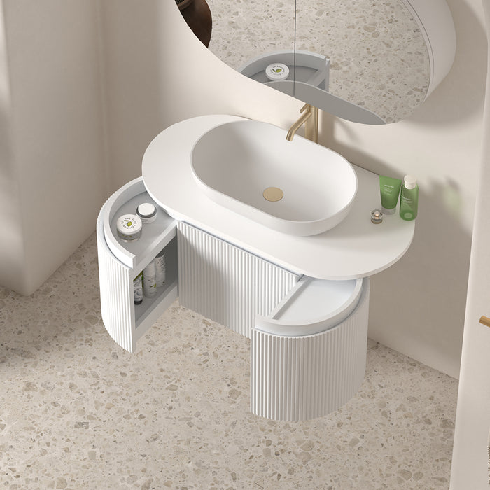 Allura 900 Curved Oval Matte White Fluted Wall Hung Vanity With Stone Top