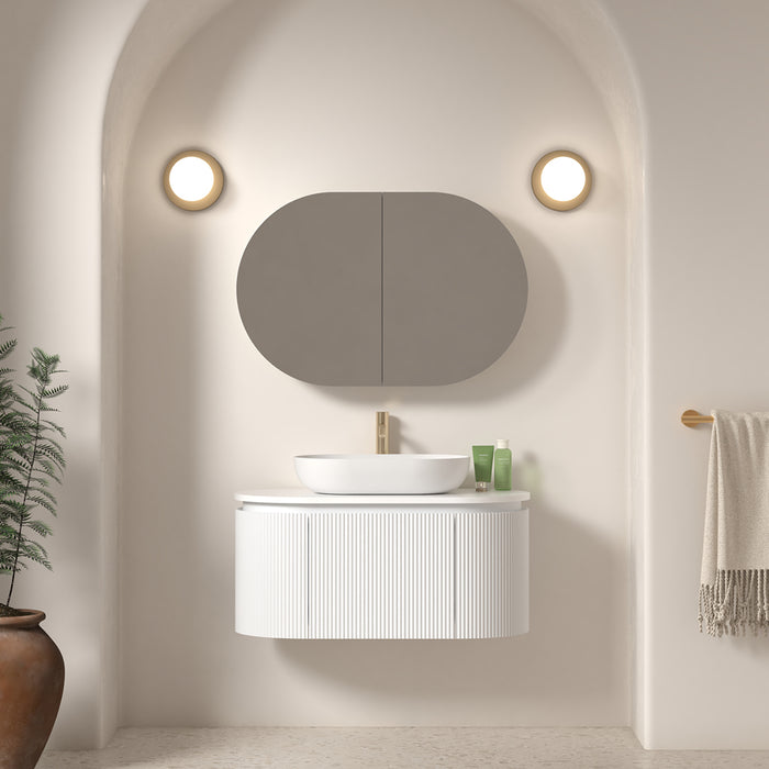 Allura 900 Curved Oval Matte White Fluted Wall Hung Vanity With Stone Top