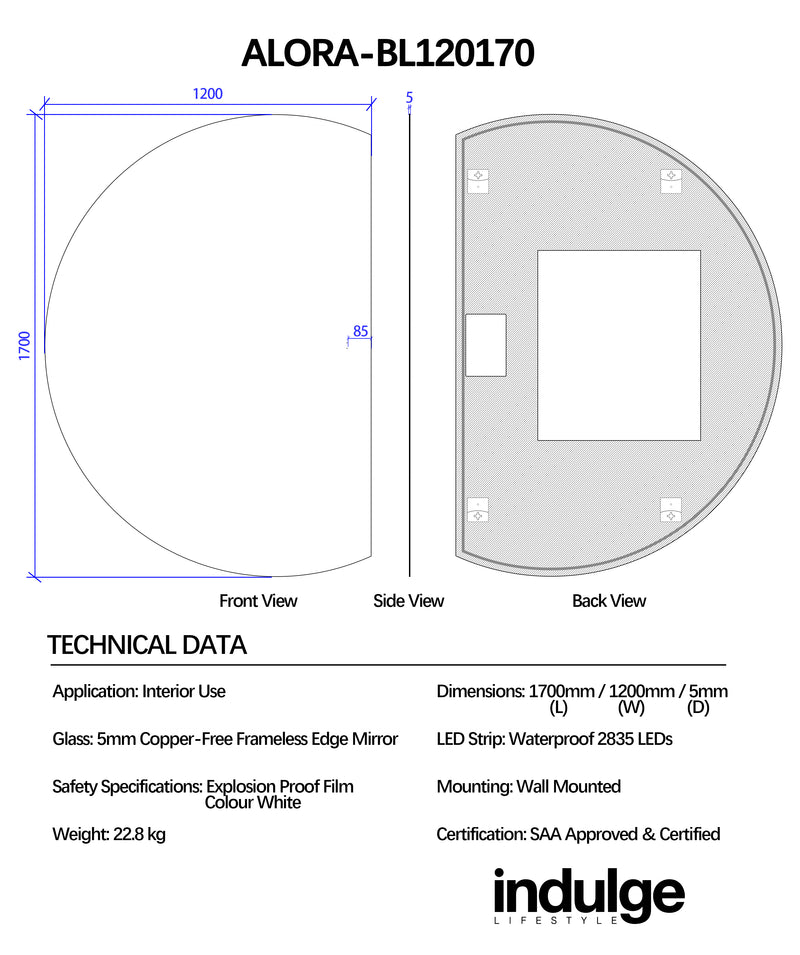 Alora Curved 1200 x 1700 Touchless LED Mirror - Three Light Temperatures